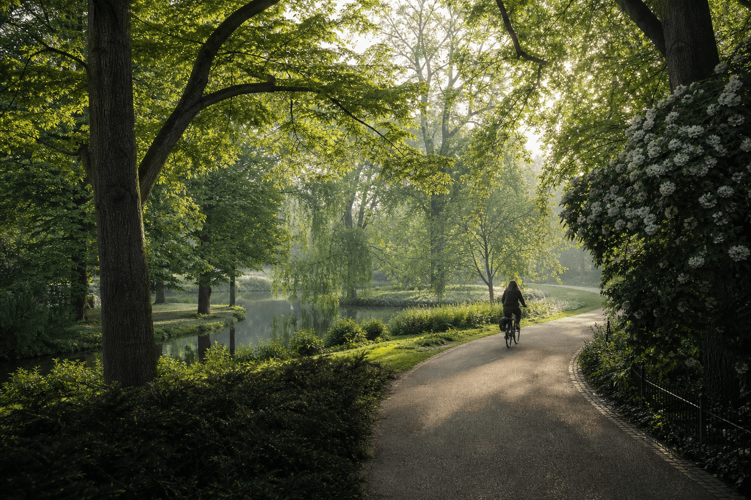 Cyclist in a leafy Amsterdam park