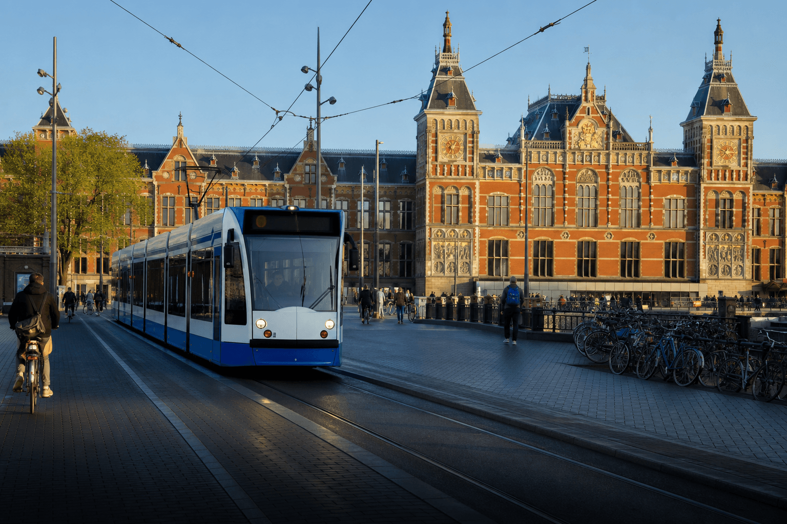 Amsterdam Centraal with tram and cyclists