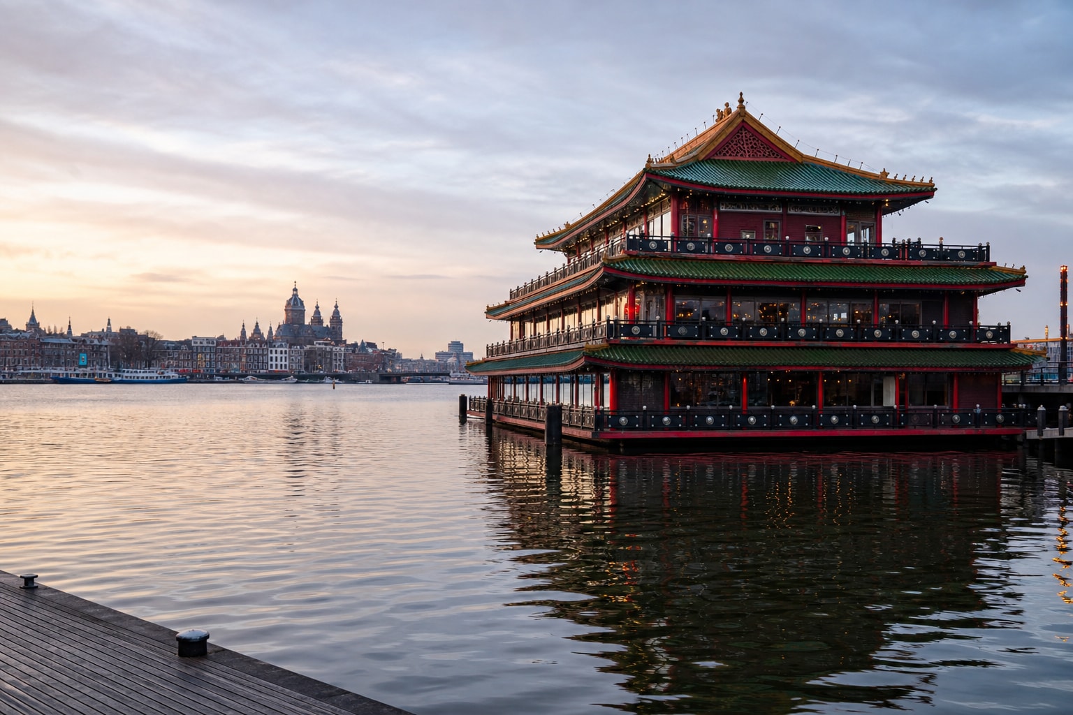 AI-generated editorial illustration inspired by Sea Palace in Amsterdam
