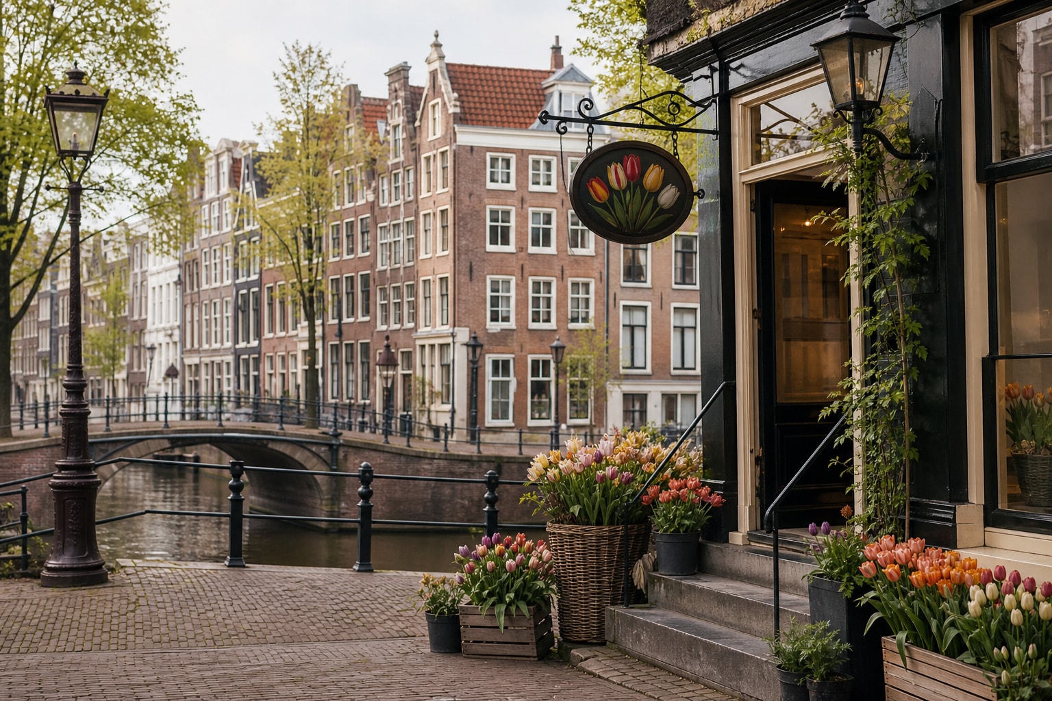 AI-generated editorial illustration inspired by Amsterdam Tulip Museum in Amsterdam