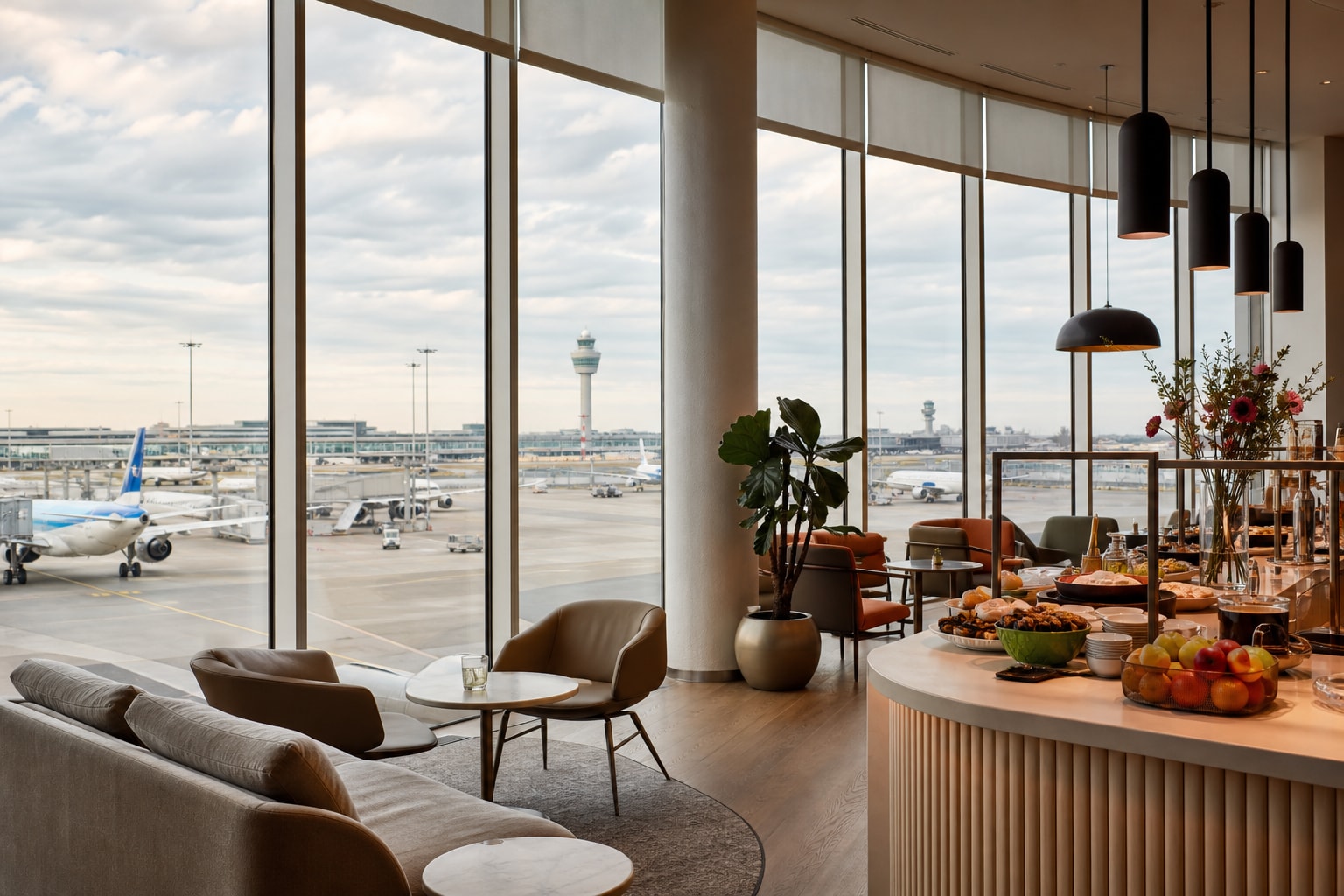AI-generated editorial illustration inspired by Aspire Lounge Schiphol in Amsterdam