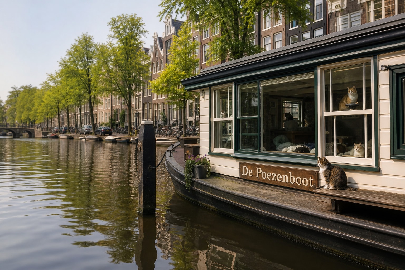 AI-generated editorial illustration inspired by De Poezenboot in Amsterdam