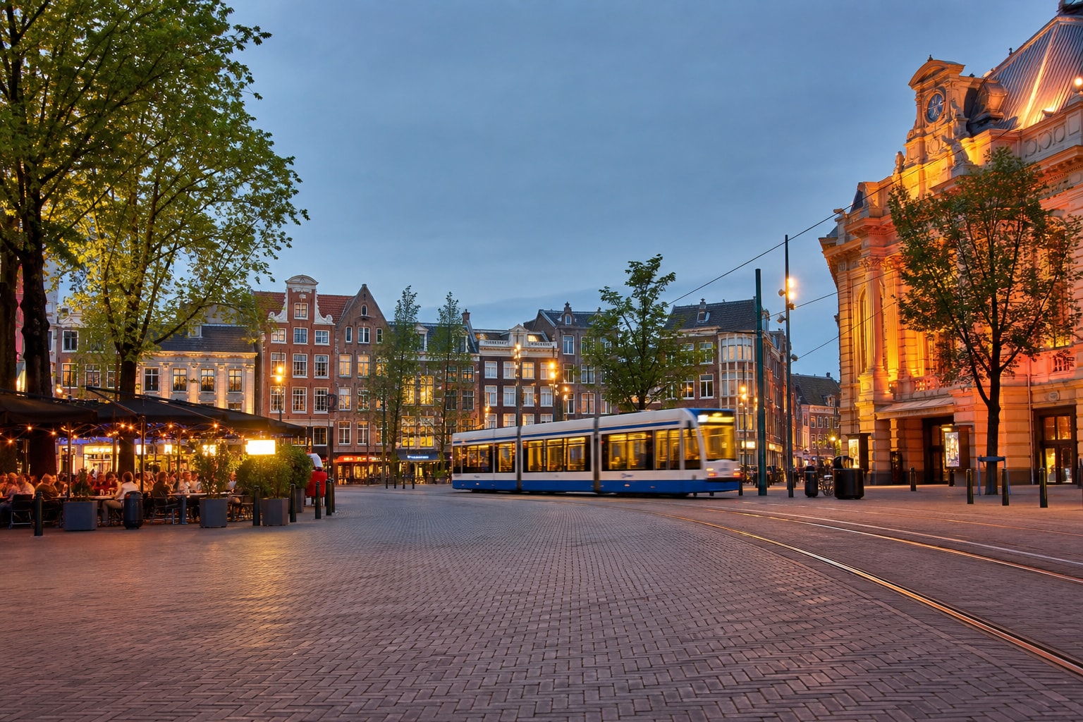 AI-generated editorial illustration inspired by Leidse Square in Amsterdam