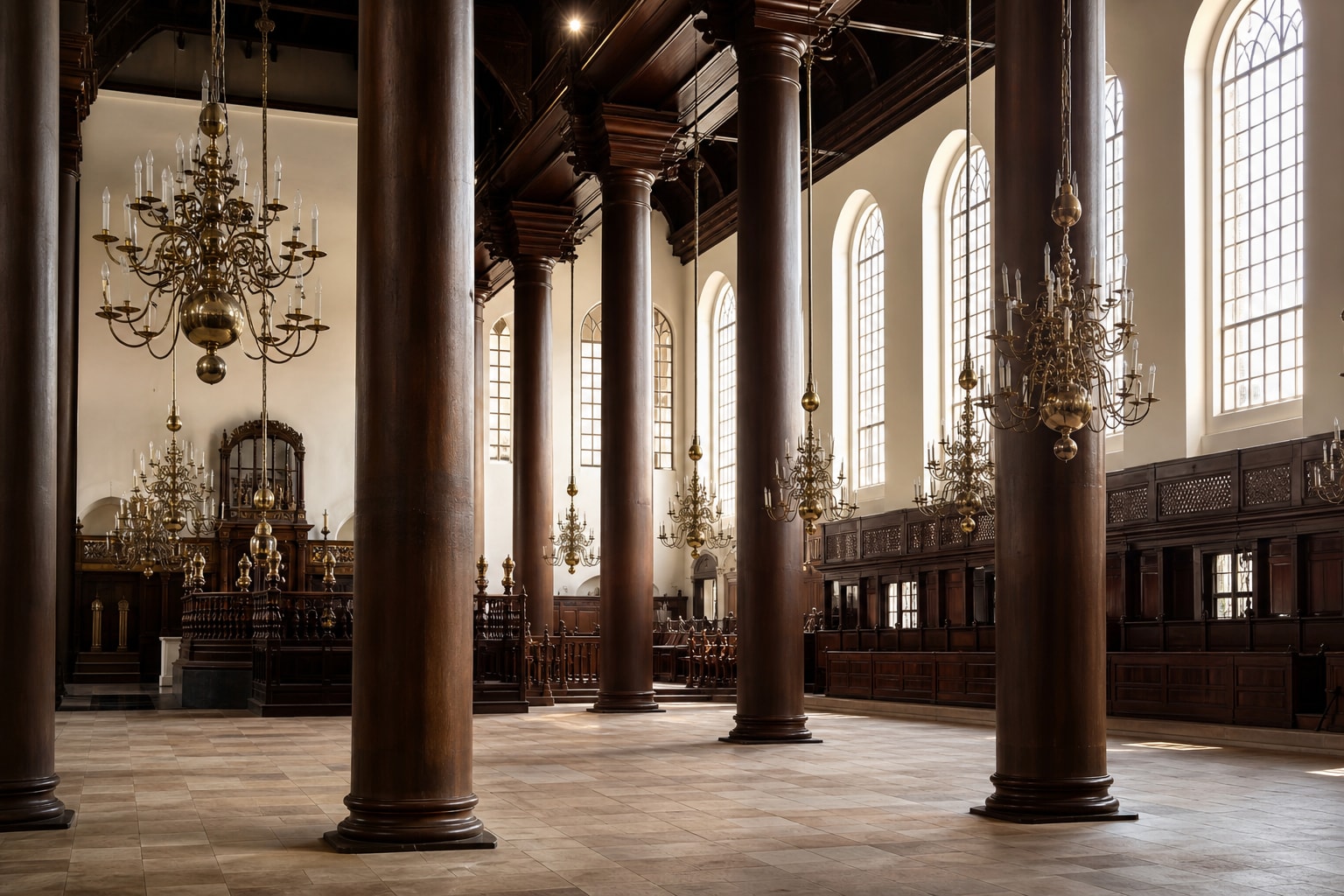 AI-generated editorial illustration inspired by Portuguese Synagogue in Amsterdam