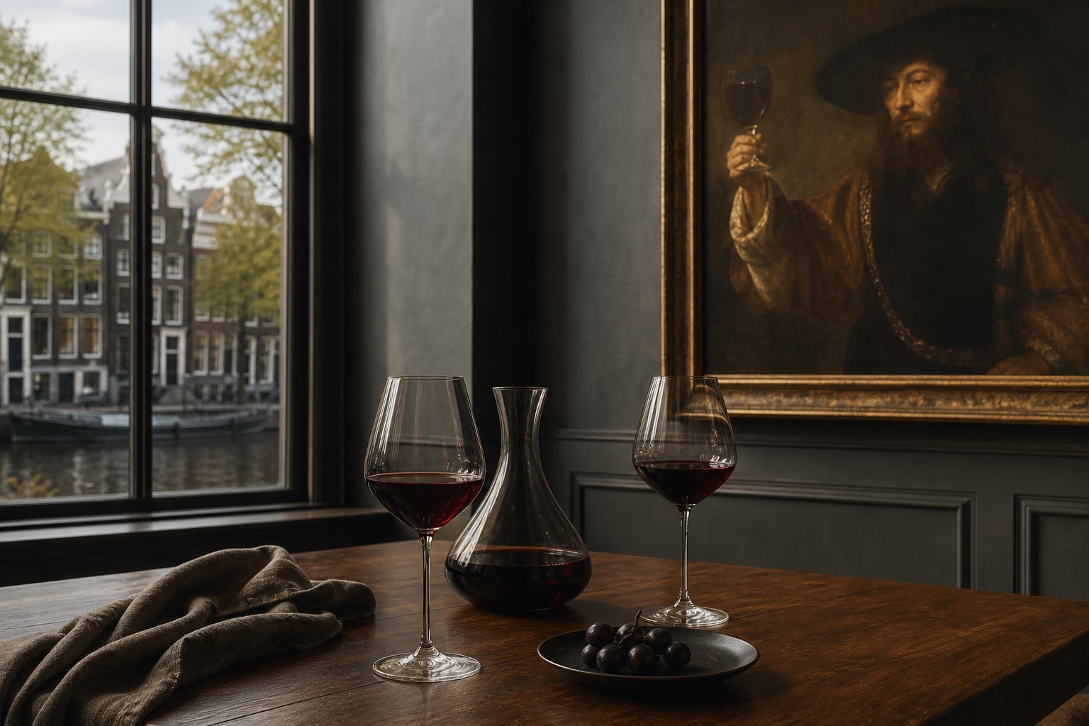 AI-generated editorial illustration inspired by Rembrandt van Wine in Amsterdam