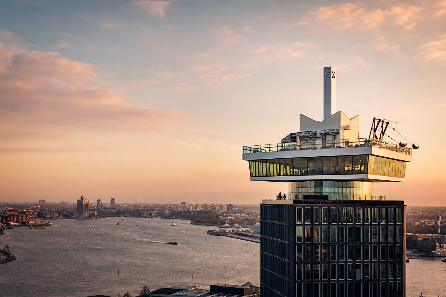AI-generated editorial illustration inspired by A’DAM Lookout - Amsterdam Observation Deck in Amsterdam